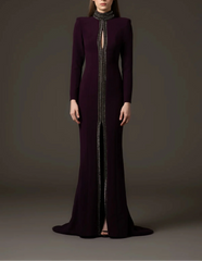 long-sleeve column dress with crystal-trimmed front slit – VIOLETTA