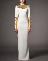 long-sleeve column dress with gold feather appliqués – AURELIA