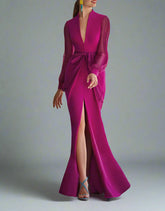 Plunge-neck gown with sheer sleeves and draped waist – Chayala