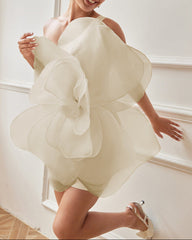 One-shoulder organza mini dress with oversized 3D flower – Barwu