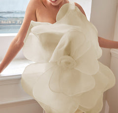 One-shoulder organza mini dress with oversized 3D flower – Barwu