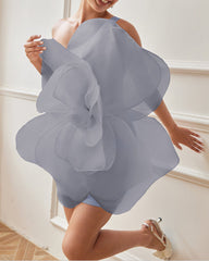 One-shoulder organza mini dress with oversized 3D flower – Barwu