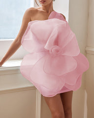 One-shoulder organza mini dress with oversized 3D flower – Barwu