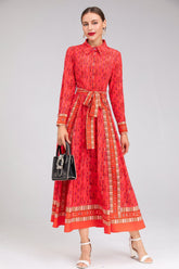 printed belted shirt dress with long sleeves – Adrertu