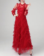 tiered ruffle tulle gown in crimson – Eeshika