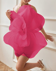One-shoulder organza mini dress with oversized 3D flower – Barwu