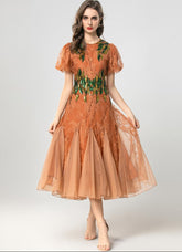 lace midi dress with sequin leaf embroidery – SIENNA