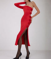 one-shoulder gown with floral side appliqué – Fahapol