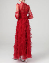 tiered ruffle tulle gown in crimson – Eeshika