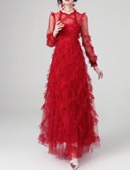 tiered ruffle tulle gown in crimson – Eeshika