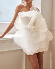One-shoulder organza mini dress with oversized 3D flower – Barwu
