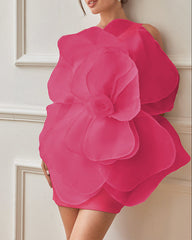 One-shoulder organza mini dress with oversized 3D flower – Barwu