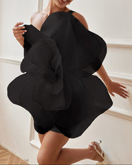 One-shoulder organza mini dress with oversized 3D flower – Barwu