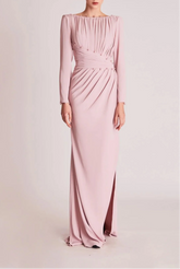 Long-sleeve draped gown with pearl details – Talamy
