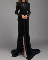 High-neck long-sleeve dress with embellished cuffs and front slit – ASTRD