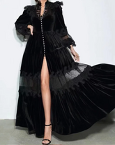 velvet lace-paneled gown with pearl button front – Fistmnb