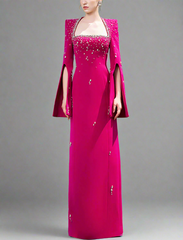 square-neck column dress with slit sleeves and crystal beading – AZALEA