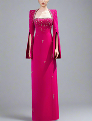 square-neck column dress with slit sleeves and crystal beading – AZALEA