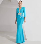ruched V-neck gown with gold lace embroidery – AZURE GRACE