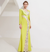 long sleeve column dress with sequin panel and pleated satin accent - SOLANA