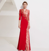 embroidered panel gown with lace sleeves and side slit – VIVIENNE