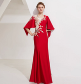 cape-sleeve mermaid gown with floral bead embroidery – SERYIA