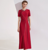 short-sleeve A-line dress with rhinestone wave embroidery – MEILIN