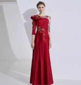 asymmetric shoulder gown with lace sleeves and floral embellishment – ROSALIND