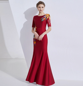 floral embroidered gown with pleated waist detail – MARIBEL