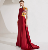 high-neck gown with floral sequin sleeves and pleated overskirt – YASMIN