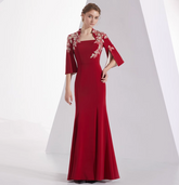 square-neck flared gown with floral embroidered sleeves – ELAO