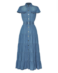 short-sleeve tiered denim shirt dress with button front – RIAYA