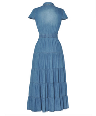 short-sleeve tiered denim shirt dress with button front – RIAYA