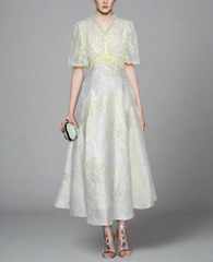 puff-sleeve midi dress with lace bodice and floral embroidery – ELARA