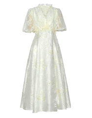 puff-sleeve midi dress with lace bodice and floral embroidery – ELARA