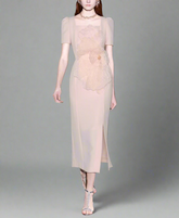 short-sleeve sheath dress with oversized organza floral appliqué – NOVYA