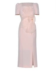 short-sleeve sheath dress with oversized organza floral appliqué – NOVYA