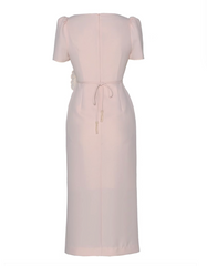 short-sleeve sheath dress with oversized organza floral appliqué – NOVYA