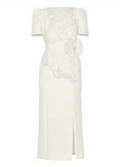 short-sleeve sheath dress with oversized organza floral appliqué – NOVYA