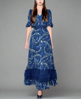 embroidered A-line dress with puff sleeves and layered hem – STELLA