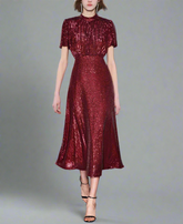 sequin midi dress with ruched bodice and puff sleeves – RUBINA
