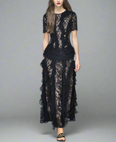 short-sleeve lace dress with layered ruffle panels – NOVIR