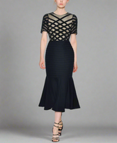 geometric mesh midi dress with flared hem – NOMIR