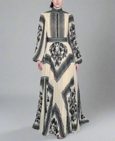 printed pleated gown with high neck and bishop sleeves – ISOLDE