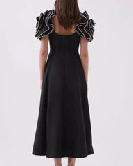midi fit-and-flare dress with pearl-embellished ruffle sleeves – RH