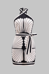 Abstract Floral Print Satin Ruched Halter Neck Strappy Backless Mini Dress