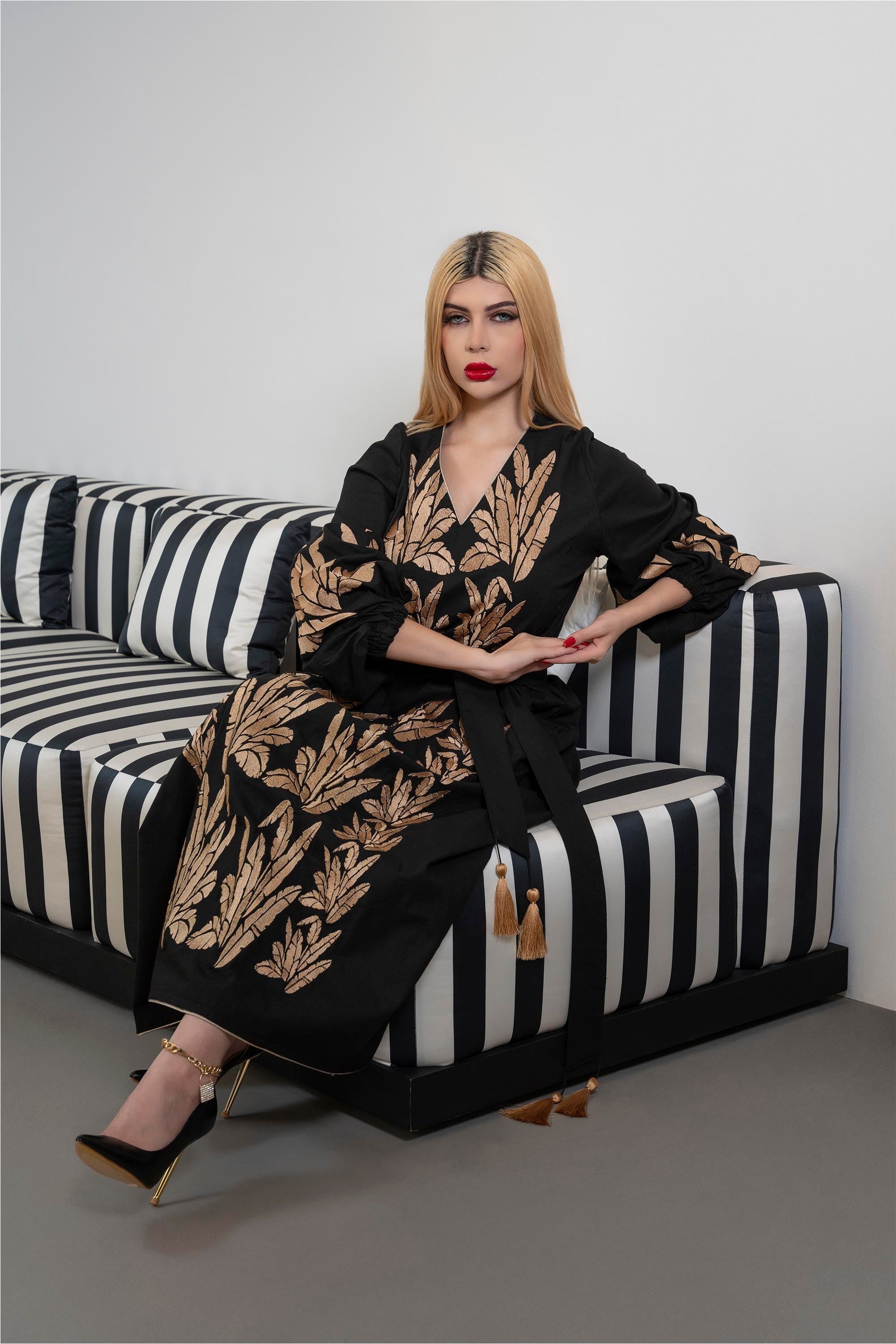 Embroidered Maxi Dress with Tassel Belt – MIDNIGHT