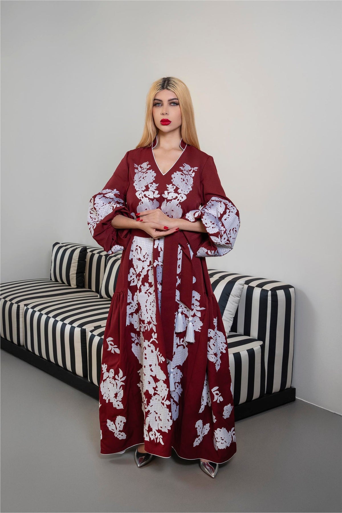 Embroidered Maxi Dress with Ruffled Sleeves – BORDEAUX