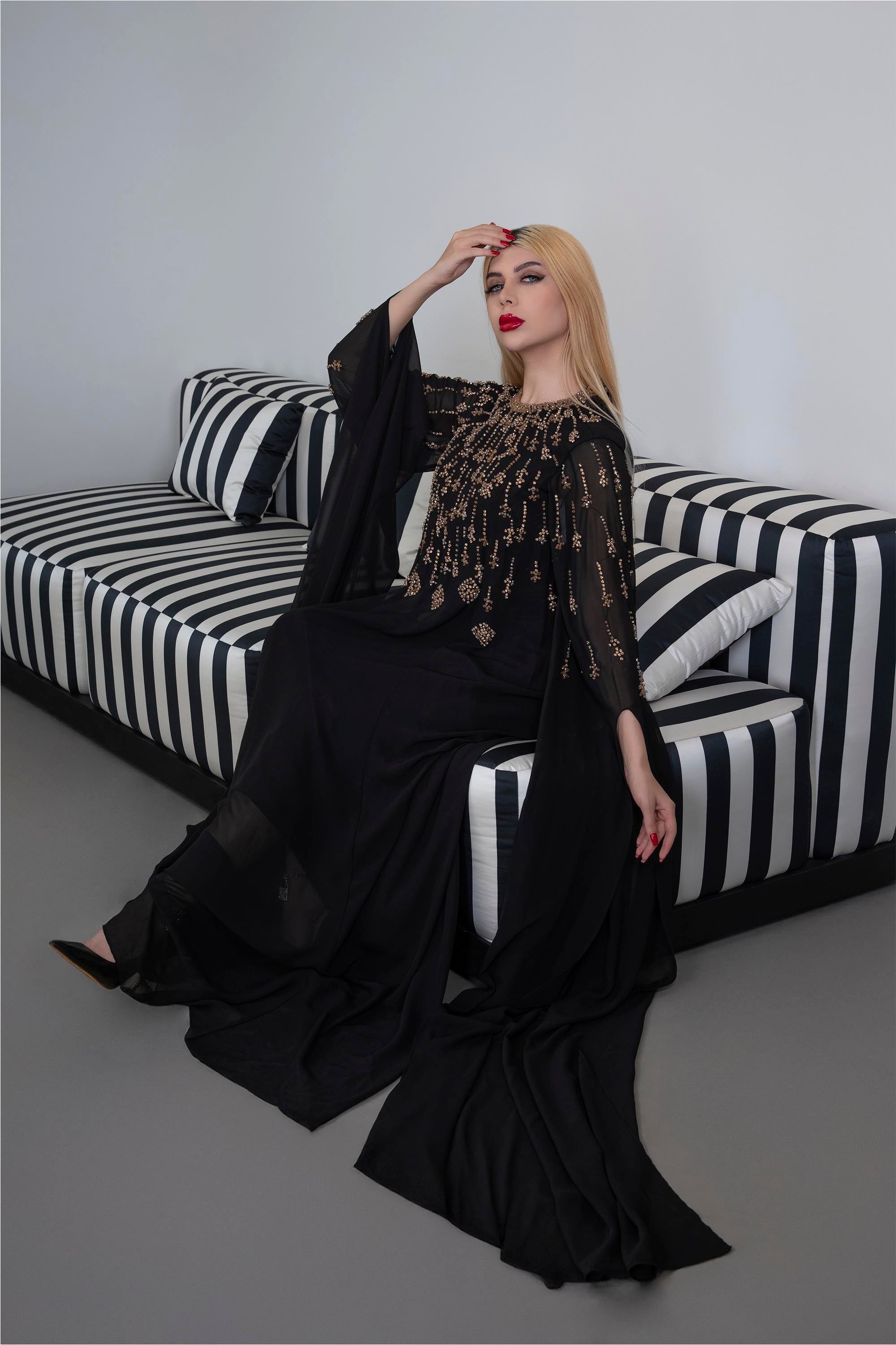 Embellished Chiffon Dress with Flowing Sleeves - Margaret