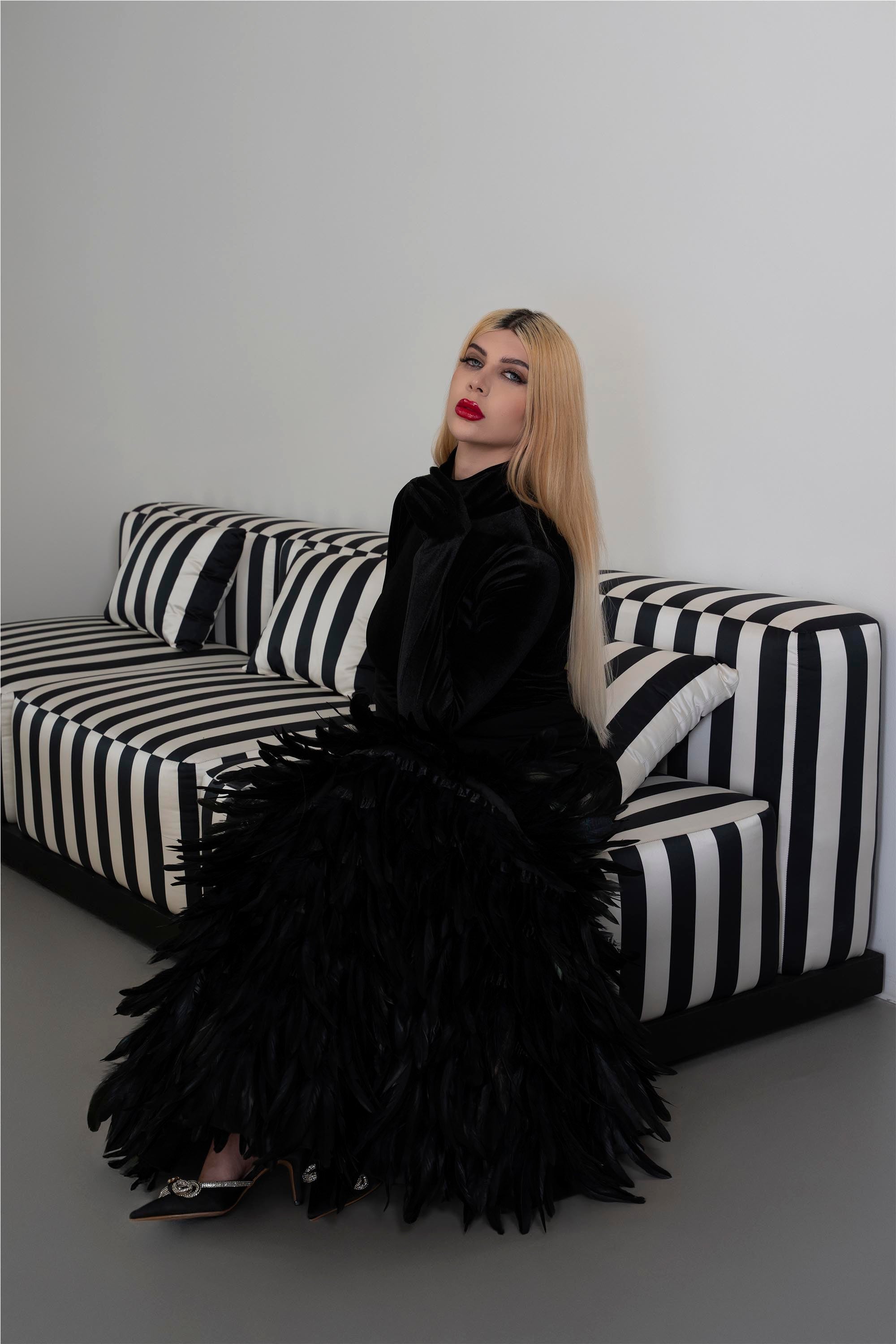 Long sleeve dress with velvet top and feathered fishtail train - NYLA
